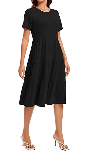 Image of Womens Summer Short Sleeve Crew Neck Midi Dress 2026 Casual Fit Flowy Tiered Beach Vacation Sundress with Pockets