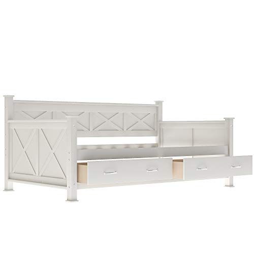Moeo Twin Size Daybed With 2 Large Drawers, X-Shaped Wooden Bedframe W/Strong Slat Support For Kids, Rustic Casual Style, No Box Spring Needed, White #TOP3
