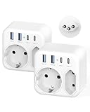 2-Pack Reiseadapter Schweiz, Adapter SchweI Deutschland mit 4 USB und 2 AC Steckdose, EU auf Schweizer Steckdosenadapter, Adapter Schweizer Reisestecker Typ J für Malediven, Ruanda, Liechtenstein