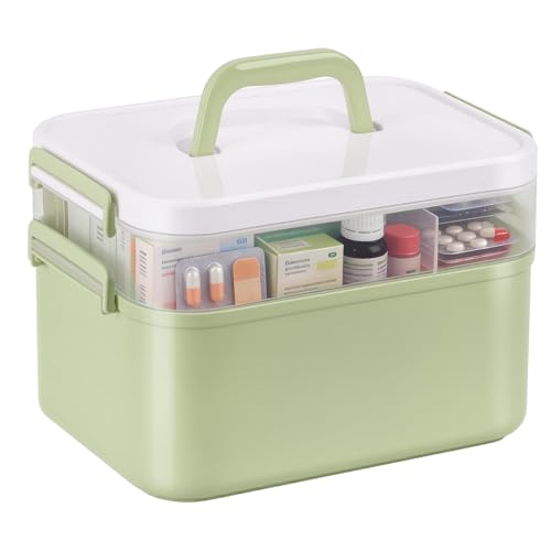 Otopone Medicine Storage Box Multi Grid Covered Medicine Box with Handle Medical Boxes with Removable Tray for School Home and Office (Green 28x19x18.5CM)