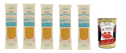 Italian Gourmet Bundle - Pasta italiana para espaguetis sin gluten (5 × 400 g) + Polpa italiana italiana de alta calidad de arroz integral y maíz, dibujo de bronce, textura de cocción ideal