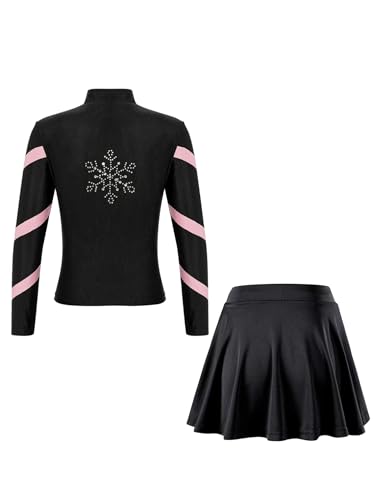 easyforever Kids Girls Sports Outfit Stripe Stand Collar Zipper Sweatshirt With Athletic Skirt Sets Dancewear Activewear Pink 14-15 Years2