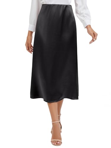 Women Elegant Daily Satin A-Line Side Slit Midi Skirt Elastic Waistband with Side Zipper4