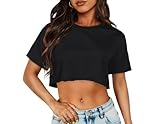 florynova Crop Tops for Women Oversized Cropped Tshirt Summer Short Sleeve Basic Tee Shirts(Black,L)