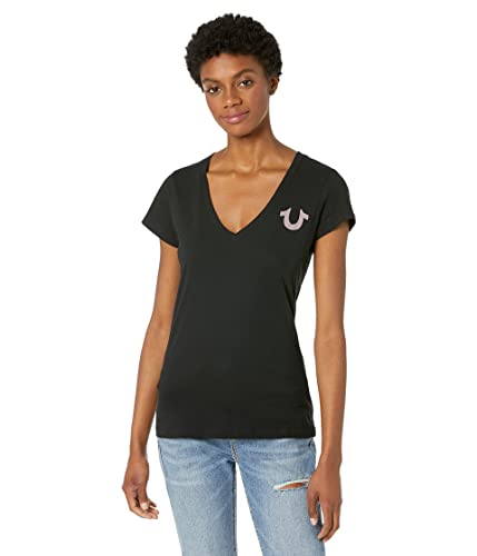 True Religion womens Multi Buddha Slim V Neck Tee T Shirt, Jet Black, X-Small US