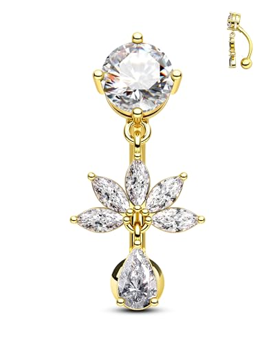 COCHARM Flower Dangle Belly Button Ring, 14G Gold Reverse Belly Button Piercing for Women, Surgical Steel Navel Piercing Jewelry Hypoallergenic