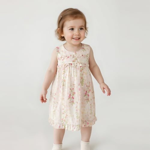 Girl Floral Print Cotton Dress Ruffled Hem Button Summer Casual Sundress2