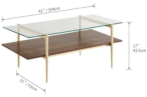 Saint Mossi Tadio Glass Coffee Table, Clear Double Layer Glass Coffee Table for Living Room, Clear Glass and Coffee Brown Bottom Shelf - Thumbnail 2