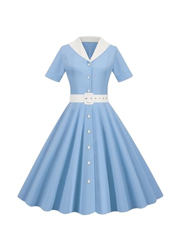 Yming Damen Revers Audrey Hepburn Cocktailkleid Mit Gürtel Vintage Knopf Hoch Kurzarm 1950er Kleid Rein Rein Blau XS