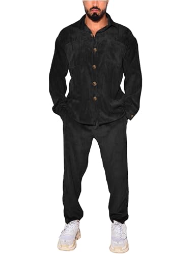 ZSJR Men's 2 Piece Outfits Corduroy Casual Long Sleeve Shirt