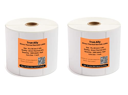 Image of True-Ally 75x50 Direct Thermal Barcode Label Sticker - 3 x 2 inches - 75mm x 50mm - 1000 Labels Per Roll - White Self Adhesive Sticker for Printing Barcoding (2 Rolls Per Pack(2000 Labels))