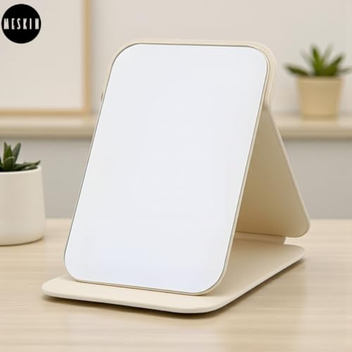 Image of MESKIN Portable Tablet Style Makeup Mirror with Foldable Stand | Compact Folding Free Hand Standing Mirror | Travel Friendly Vanity Mirror with PU Flap Cover (Pack of 1, Cream)