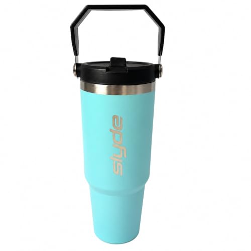 Image of Slyde 900ml Stainless Steel Insulated Tumbler with Handle & Flip Straw Lid | Double Wall Vacuum Flask | Hot & Cold Water Bottle | Leakproof Travel Mug | BPA Free Aqua Blue