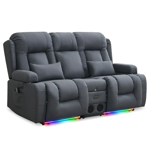 Image of URRED Power Loveseat Recliner Sofa with Massage and Heat, Wall Hugger Reclining Loveseat with Console, RV Couch Home Theater Seating with LED Lights for Living Room (Blue Grey, 67 inch - 2 Seats)