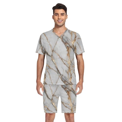Marble Print Men’s Pajama Sets Short Sleeve Lounge Wear with Elastic Waistband and Drawstring4