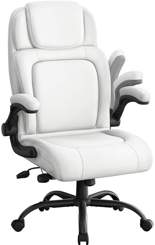 YaheetechFaux Leather Executive Office Chair with Flip-up Armrests Large Cushioned Seat Task Chair Adjustable Ergonomic Desk Chair for Home Office White