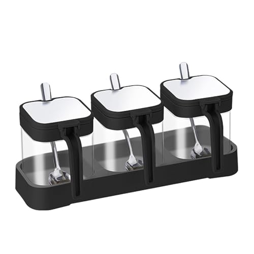 AUklOPVZZ Caja de condimentos con cuchara abatible para almacenamiento de condimentos versátil, caja de almacenamiento de cocina combinada de vidrio para el hogar, no tóxica, traje negro