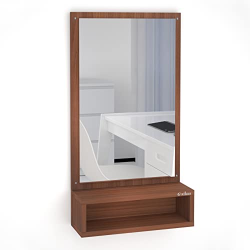 Image of Anikaa Jinny Engineered Wood Dressing Wall Mirrors Wall Hanging Mirrors with Shelf Decorative Wall Mirror Dressing Table for Bedroom Living Room (Walnut) Matte Finish, Rectangular