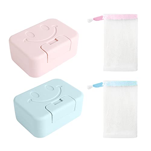 Savon 2 pièces, 2 sacs à savon, sac de voyage, porte-savon portable, pour camping, maison, salle de bain (Rose, Bleu)