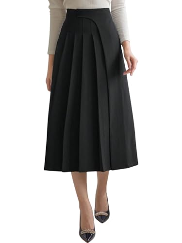 Image of GRECIILOOKS Elegant High Waisted Pleated Midi Skirt for Women, A Line Polyblend Fabric Flared Skirt with Back Zipper, Ideal for Office, Casual and Formal