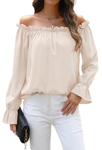 Halife Off The Shoulder Blouse Casual Long Sleeve Beige Loose Slouchy Baggy Tunic Shirts Womens Cute Summer Fall Outfits Apricot XL