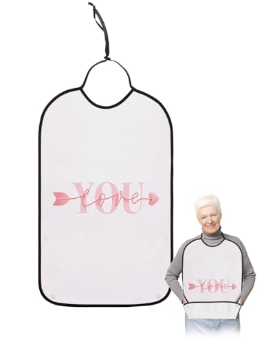 LEOKOTI Pink Love Heart Adult Bibs for Eating, Waterproof Bibs with Food Catcher & Adjustable Snap Closure, Love You Valentines Washable Clothing Protectors Adult Bibs for Elderly Women/Men