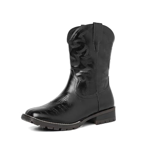 Amoji Square Toe Men Cowboy Boots Western Boot Classic Embroidered Pull On Country Boots 12 Black