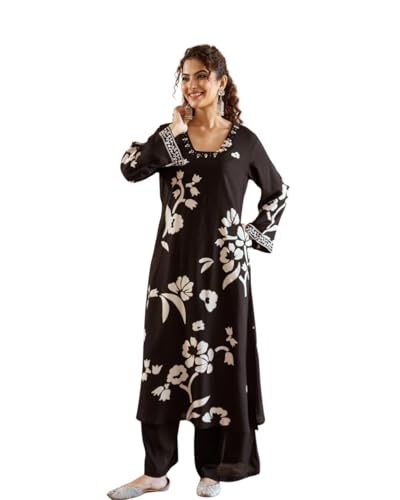 Image of BLOOMORAA BY PRAGYA Kurta Plazo Set for Women's| Printed Rayon Kurti Plazo Black |Womens Rayon Kurta Set with Palazzo Pant