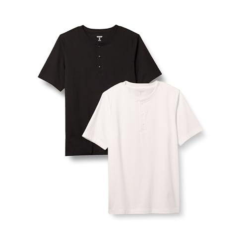 Amazon Essentials Herren Kurzärmliges Henley-T-Shirt aus Baumwolle mit normaler Passform, 2er-Pack, Schwarz/Weiß, L