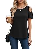 NILOUFO Cold Shoulder Tops for Women Short Sleeve T Shirts Summer Dressy Casual Blouses Strappy Tunics Loose Fit Soft, Black, Large