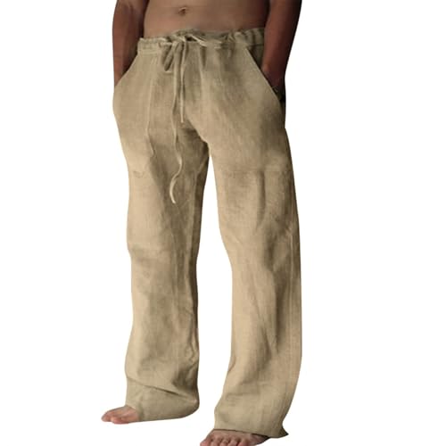 Puimentiua Cotton Linen Pants Men Casual Loose Fit Elastic Drawstring Waist Summer Beach Pants(Coffee,L)