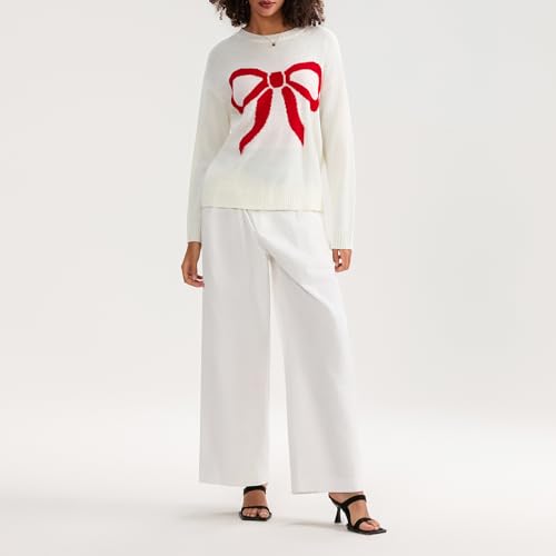 Image of Women Cute Bow Knit Sweater Y2k Long Sleeve Crew Neck Knitted Pullover Top Oversized Going Out Fall Winter Knitwear