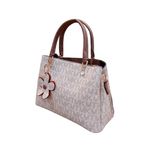 Image of Monogram Printed Women's Handbag with Brown Handles and Cute Flower Keychain Charm, Stylish Satchel Tote Purse for Girls and Women