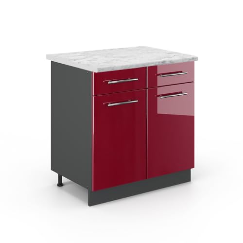 Vicco Meuble Cuisine Fame-Line, Rouge Bordeaux Haute Brillance, 80cm, PT Marbre, à Combiner avec d'autres modules de la série Fame-Line
