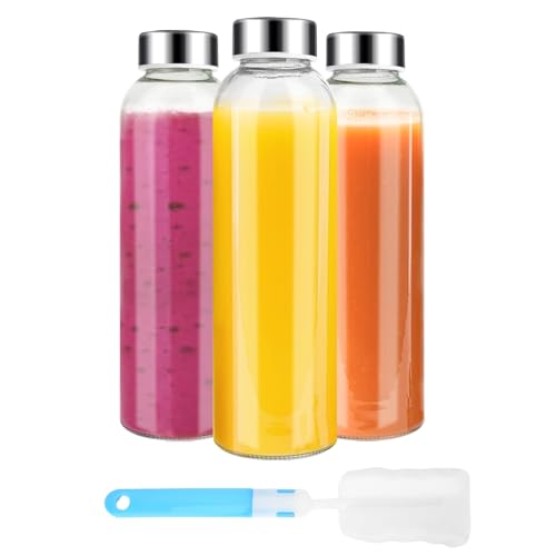 Luxfuel Clear Glass Bottles with Lids 18 oz, Reusable Glass Water Bottles with Stainless Steel Cap for Refrigerator, Juicing, 100% Leak Proof, BPA Free, Juice Bottle Drinking Jar Containers