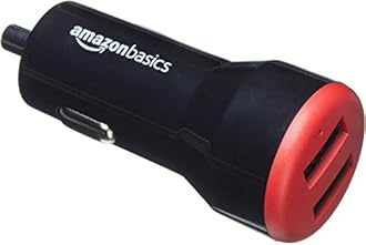 Amazon Basics 2-port USB-A Car Charger - 24W - For phones (iPhone 16/ 15/14/13/12/11/X, Samsung and more) - Not PPS - Black/Red