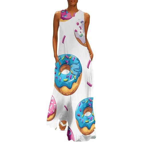 Image of Colorful Donuts with Sprinkles Sleeveless Maxi Dress for Women V Neck Loose Long Casual Beach Sundress with Pockets XL