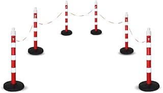 Safety Barrier Set 6 Pcs 110x8CM Warning Post with 5 Pcs 3 Meter Plastic Chain | Freestanding Reflective Channelizer Post and Plastic Chain with Clamp| Sign Board Direct Attachable Bollard Red