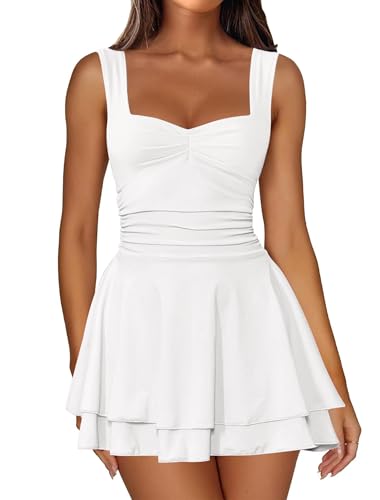 IWD Square Neck Sleeveless Mini Corset Dress Flowy Ruched Waist Tiered Ruffle Hem Short Birthday Party Dresses for Women White Small