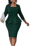 Runwind Plus Size Dress for Curvy Women Church Wear to Work Vintage Peplum 3/4 Sleeve Midi Sheath Pencil Dress Green 2XL