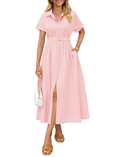 ZESICA Women's Summer Short Sleeve Midi Dress 2026 Button Down A Line Belt Work Business Casual Long Dresses with Pockets,Pink,Small