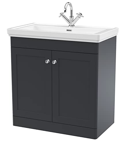 nuie CLC1426A Classique Traditional Bathroom Floor Standing 2 Door Vanity Unit with 1 Tap Hole Fireclay Basin, 800mm, Soft Black