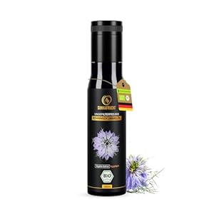 Schwarzkümmelöl BIO Kaltgepresst - (250ml) - Reich an Thymoquinon - 100% Kaltgepresst & Ungefiltertes Nigella Sativa - Schwarzkümmelöl ungefiltert - Black seed oil in Violettglas - Sunnafrucht