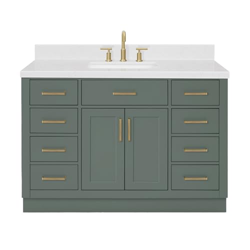 ARIEL Hepburn 48-inch Bathroom Vanity with Sink,Solid Wood, 1.5-inch Carrara White Quartz Countertop, Single Rectangular Porcelain Sink, 2 Soft Closing Doors, 9 Dovetail Drawers, Vintage Green