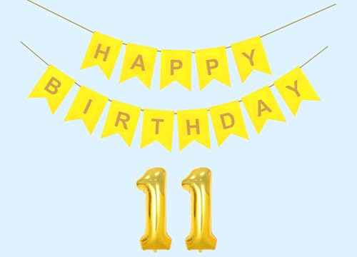 Image of 11th Happy Birthday Decoration Kit Yellow for 11 year Old Boys Girls Teenage with Number Eleven Party Decorations Decor Celebration Items Item Set Combo Reusable Paper Banner