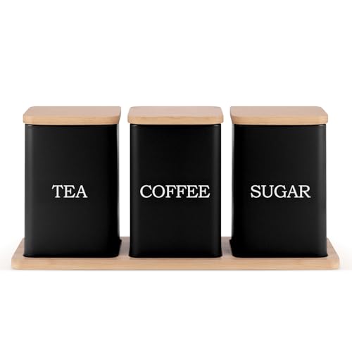 Ehc Tea, Coffee, Sugar, Canister Set, Storage Canister Set with Tray - Easy to Open Airtight Lids - Storage Tea, Sugar, & Coffee - Set of 3 Canisters, Black