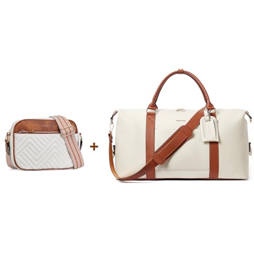 BOSTANTEN Quilted Crossbody Bags for Women Vegan Leather Purses Small Shoulder Handbags with Wide Strap Beige with BrownWeekender Bags for Women Leather Duffle Bag for Travel Overnight Duffel Carry on
