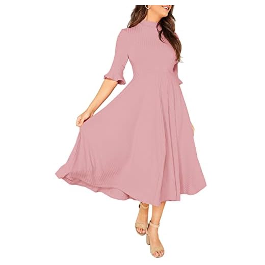 Verdusa Women's Elegant Ribbed Knit Bell Sleeve Fit and Flare Midi Dress Pink L
