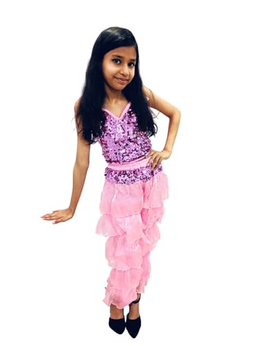 Image of BookMyCostume Western Dance Costume for Girls - Light Pink Sequin Top & Palazzo Set | Stylish Strapless Halter Neck Dress | Annual Day Dance Dresses & Fancy Dress for Stage Shows | 8-10 Years