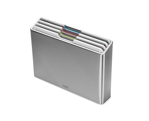 Joseph Joseph Folio Juego de 4 Tablas de Cortar con Código de Color, Estuche para Almacenaje Organizado en la Cocina en Acero Inoxidable